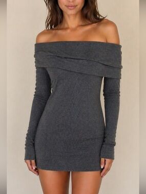 Splendid Gray Off Shoulder Thermal Cotton Blend Long Sleeve Mini‎ Dress Size S